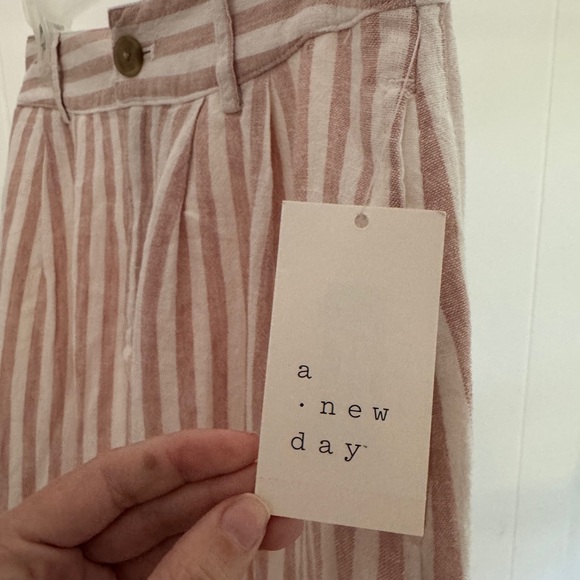 Striped Pink and White Linen Midi Women's Skirt - Picture 6 of 7